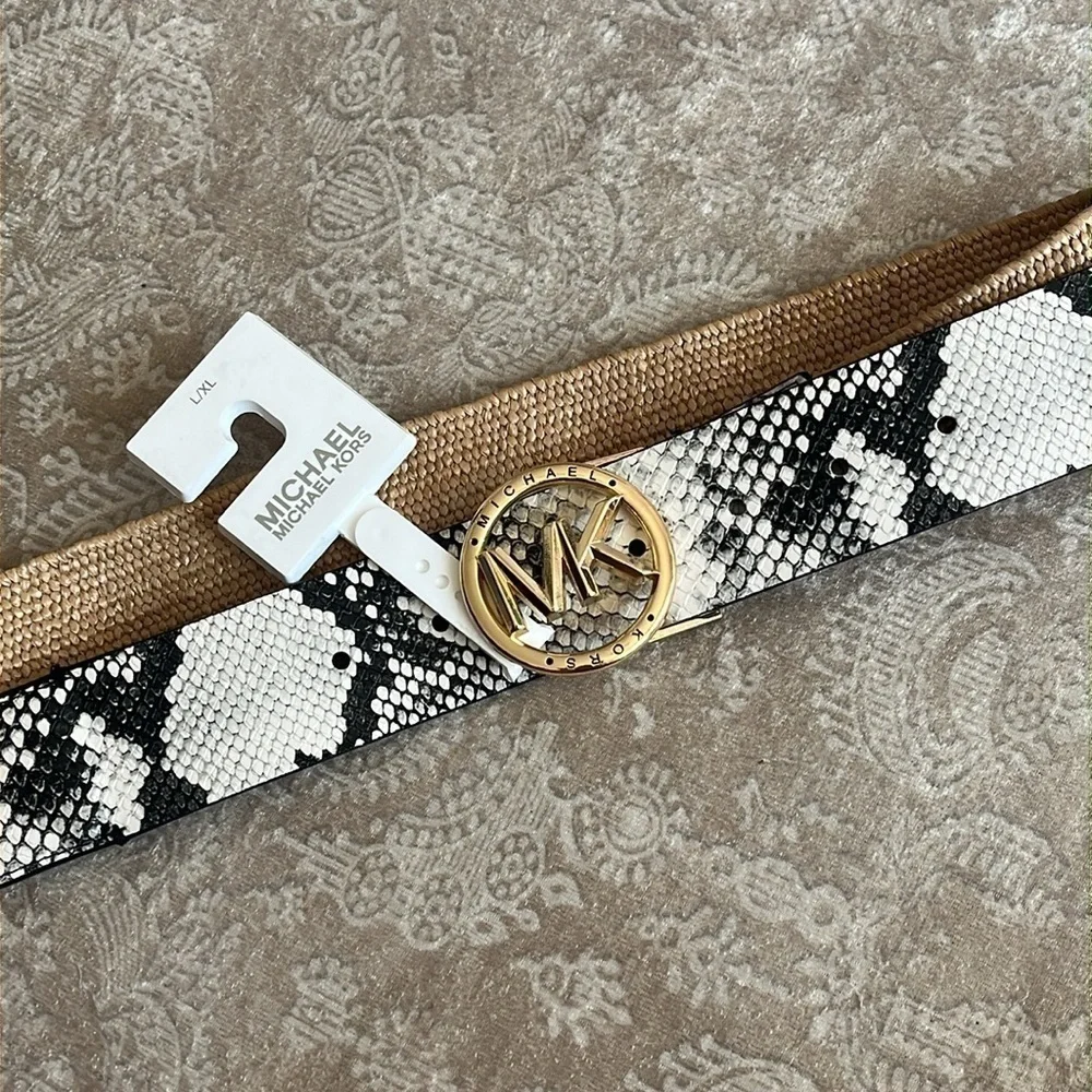 Brand New Michael Kors Black & White Snakeskin Woven Stretch Belt Gold Tone Logo